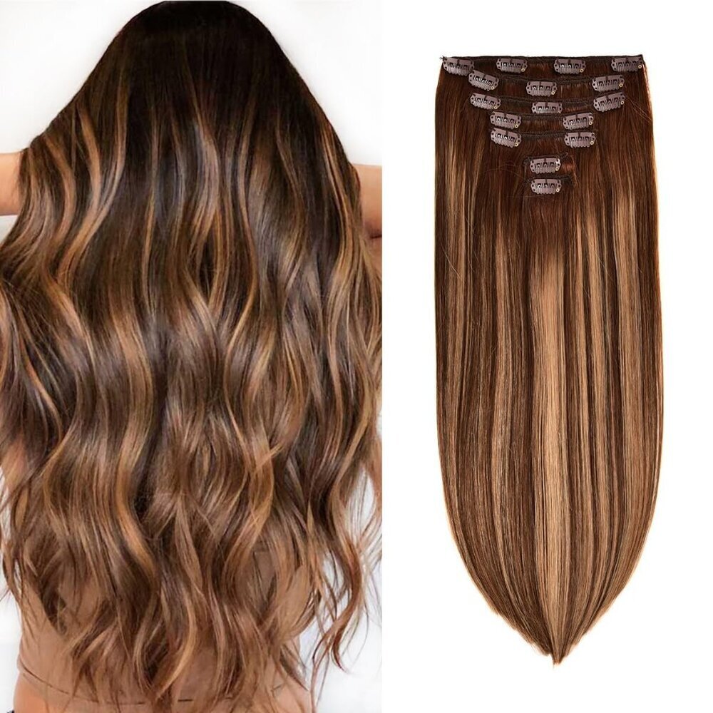 Clip In Hair Extensions Human Hair 14 Inch Brown Blonde Thick Straight Natural
